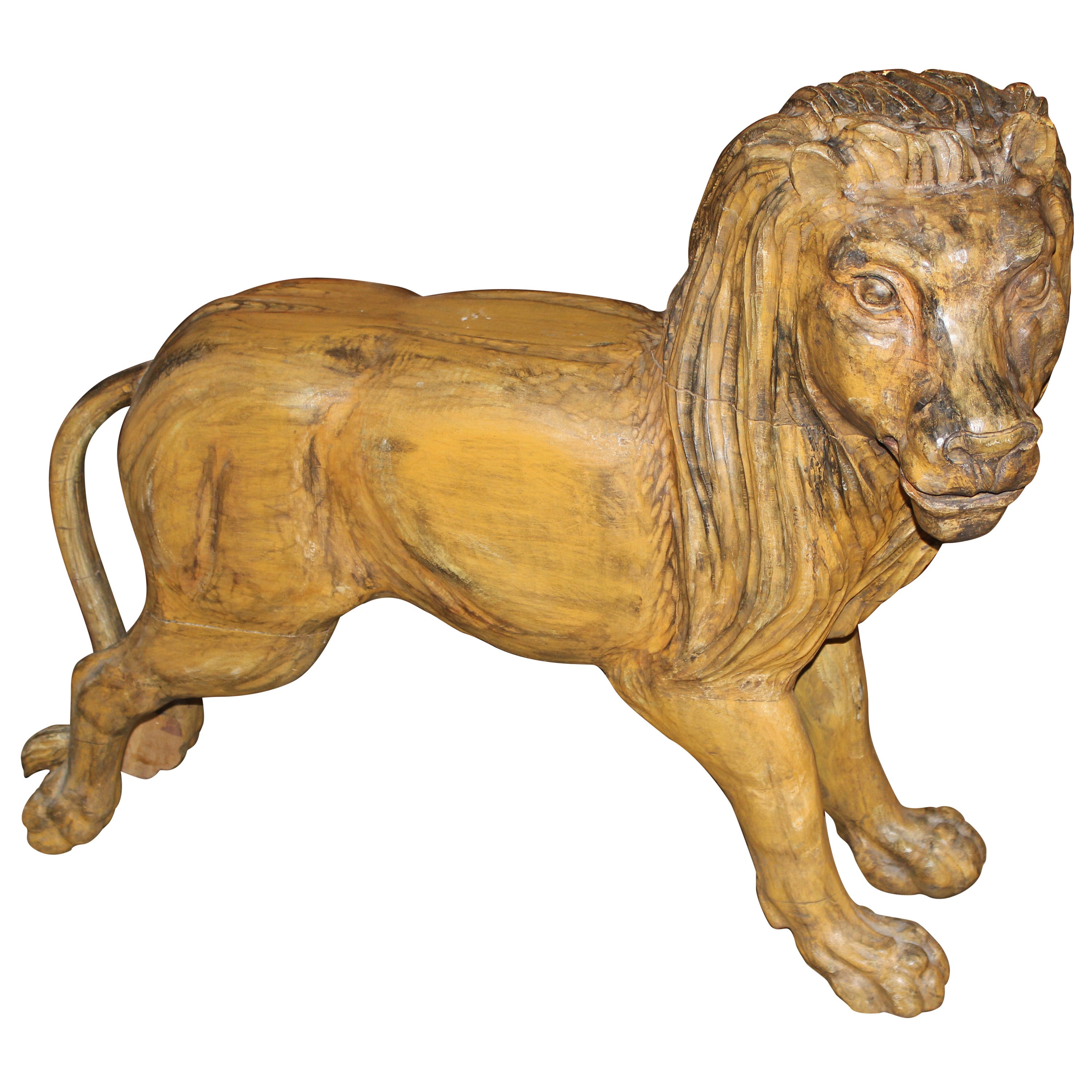 Carved Wooden Polychrome Carousel Standing Lion Figure