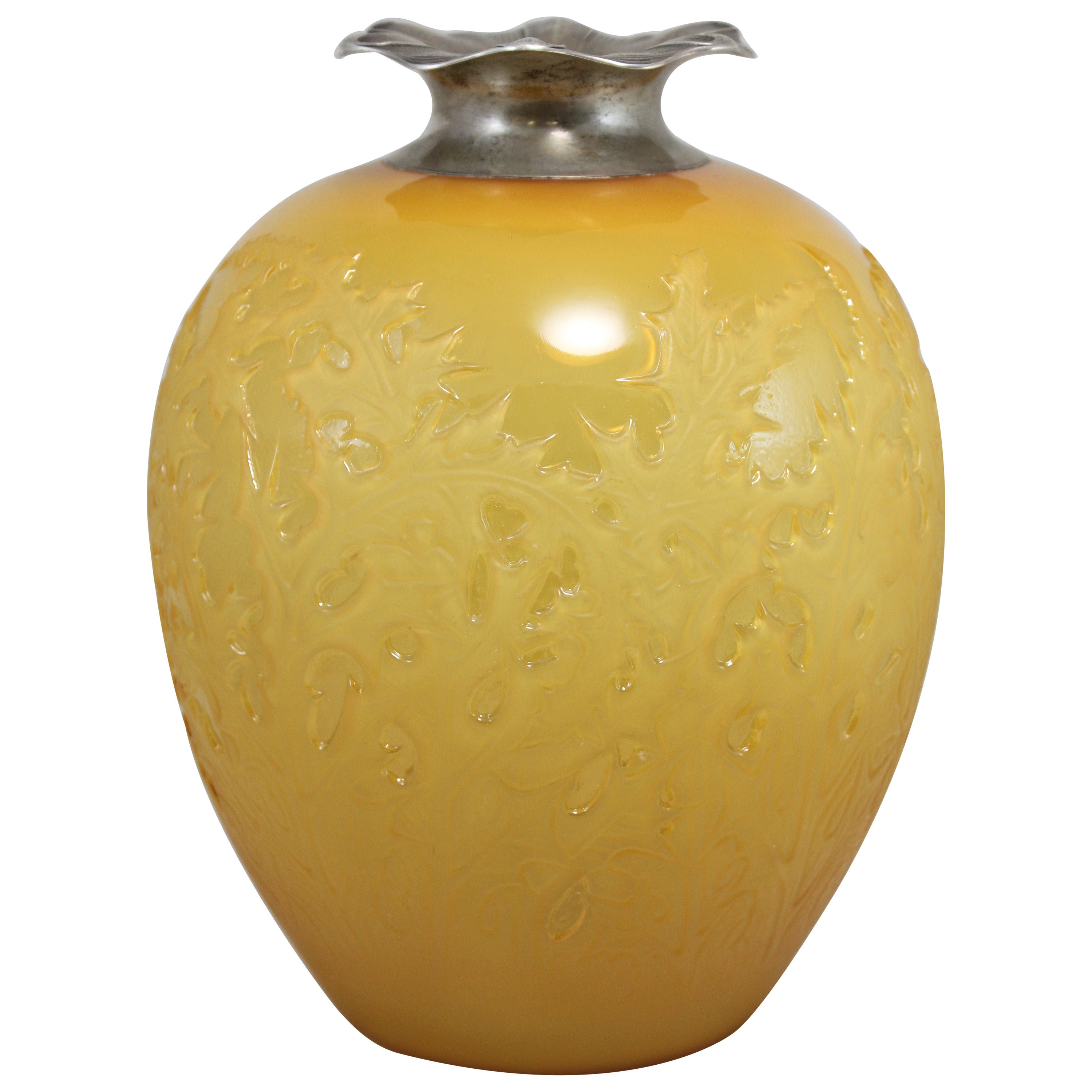 Rene Lalique Glass Amber Vase in the Acanthus Pattern with Silver Mounted Top