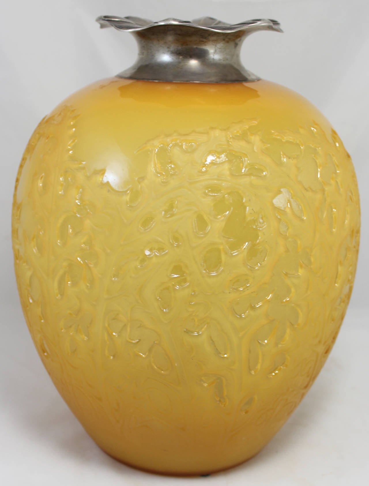 Art Nouveau Rene Lalique Glass Amber Vase in the Acanthus Pattern with Silver Mounted Top