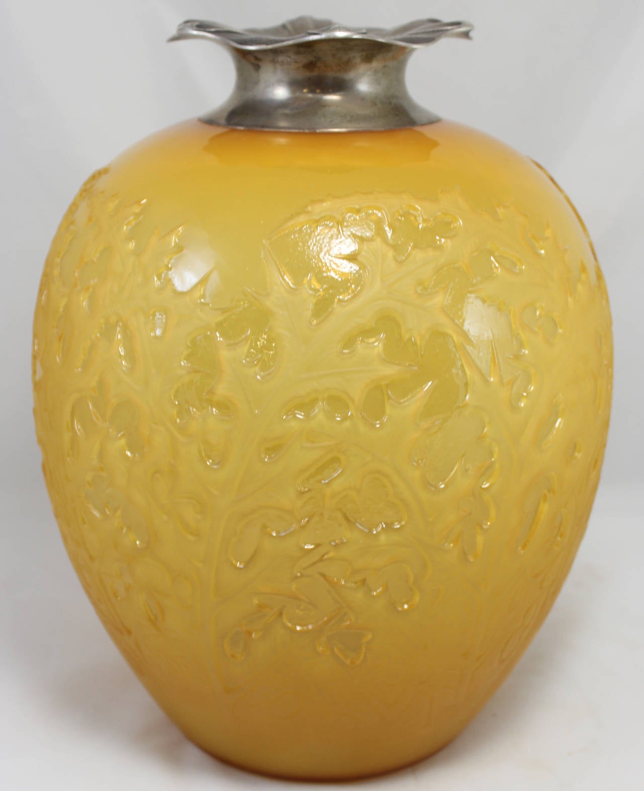 French Rene Lalique Glass Amber Vase in the Acanthus Pattern with Silver Mounted Top
