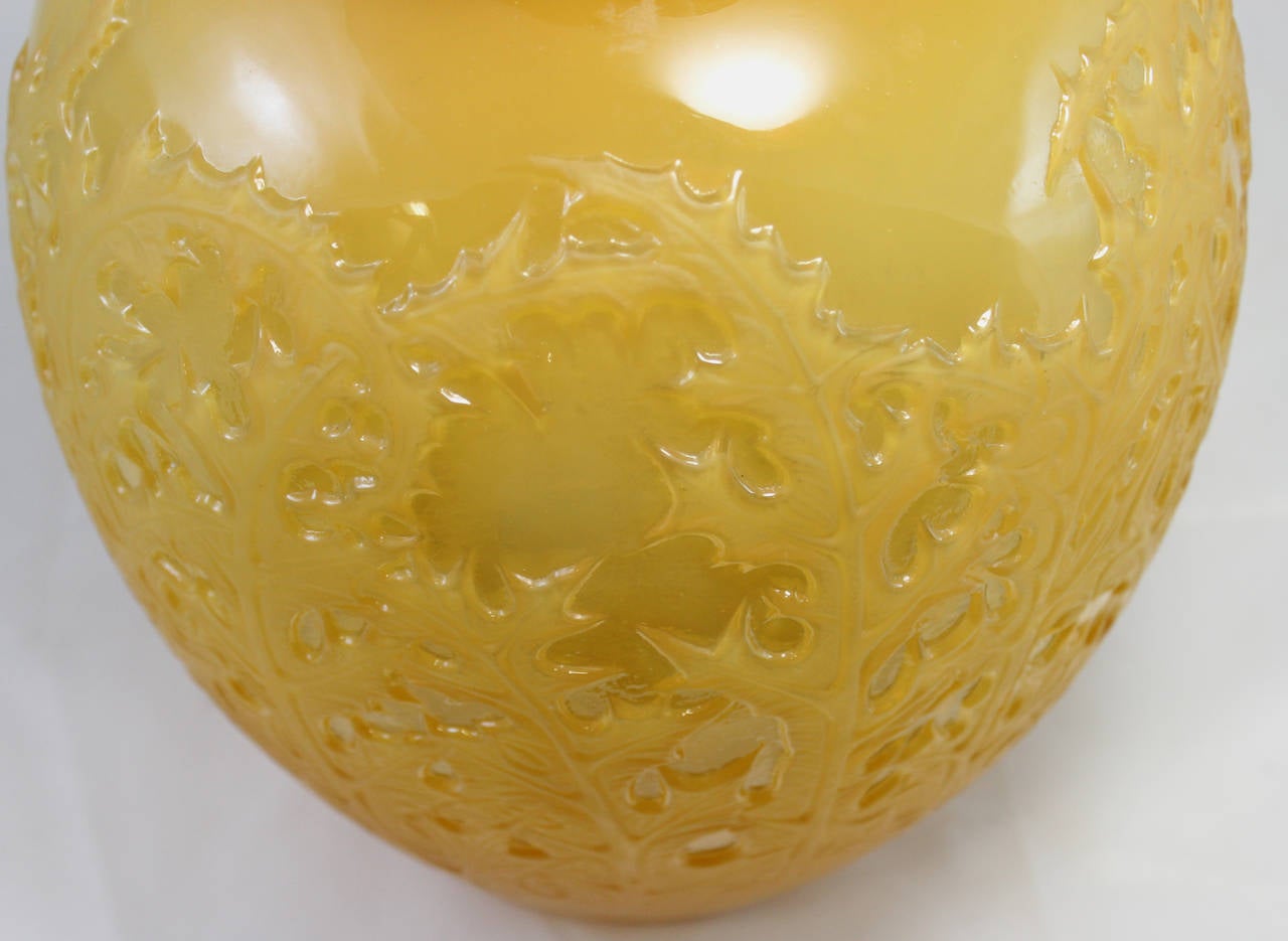 20th Century Rene Lalique Glass Amber Vase in the Acanthus Pattern with Silver Mounted Top