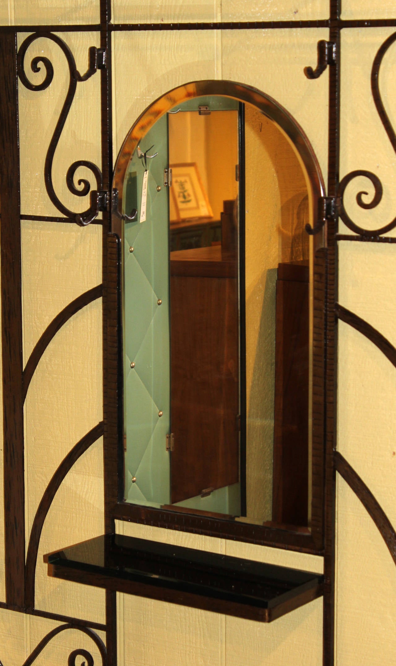 Metalwork Etagere or Hall Tree with Glass Shelves and Mirror