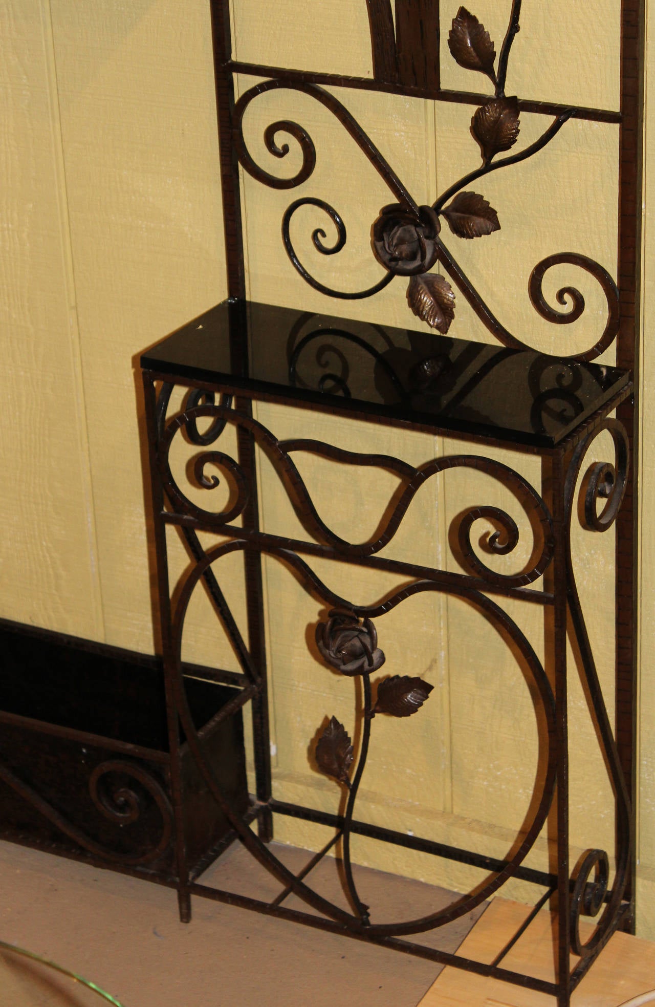 Metalwork Etagere or Hall Tree with Glass Shelves and Mirror at 1stDibs