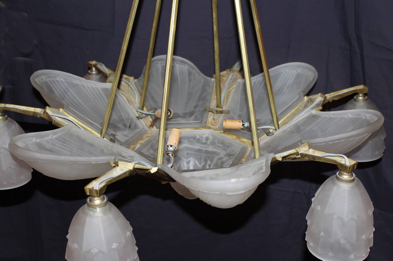 Glass French Art Deco Six-Shade Chandelier by Verrerie des Hanots