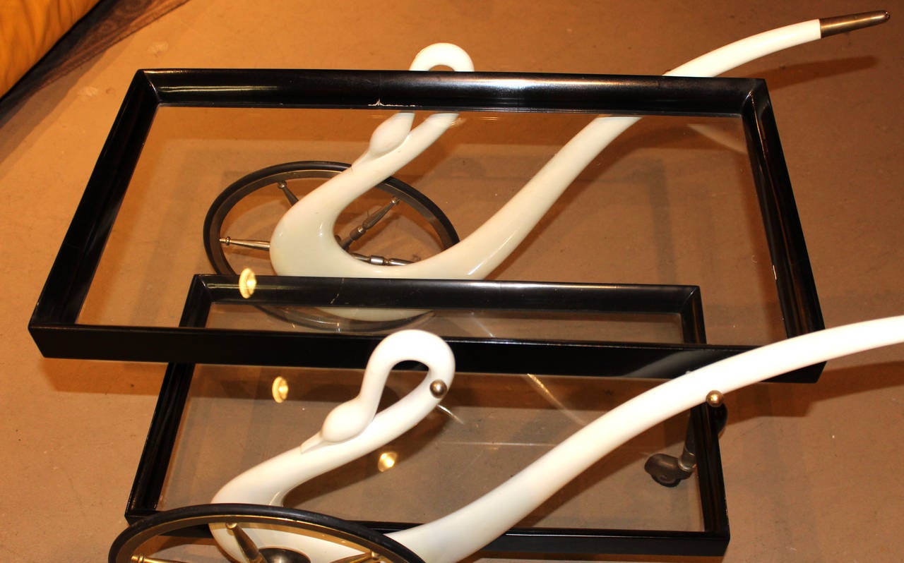 Mid-Century Modern Tea Cart or Bar Trolley with Swans Designed by Aldo Tura, Italy circa 1960