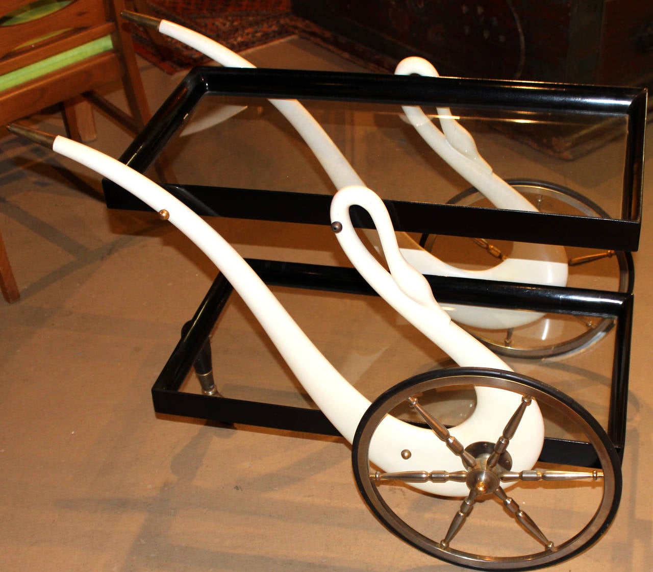 Italian Tea Cart or Bar Trolley with Swans Designed by Aldo Tura, Italy circa 1960