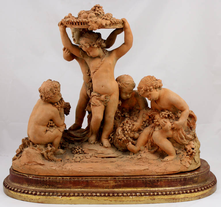 19th c Terracotta Bacchanalian Signed Sculpture of Putti with Fruit