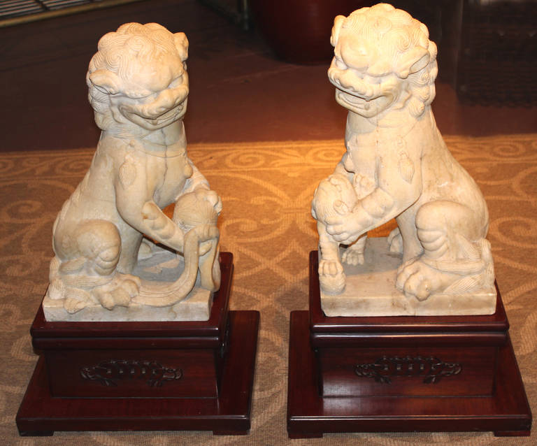 Pair of 19th-20th Century Chinese Carved Stone Foo Dogs In Excellent Condition In Milford, NH