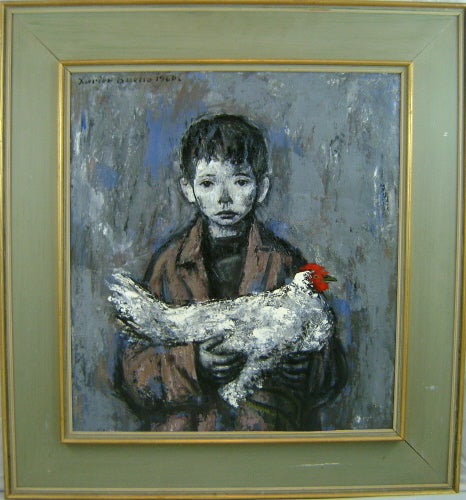 Wonderful portrait of a boy with a chicken, painted in 1960 by Spanish-born artist Xavier Bueno (1915-1979). Bueno was born in Spain and lived and worked most of his life in Italy. He is best known for portraits, especially of children. Oil on