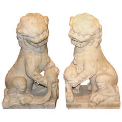 Antique Pair of 19th-20th Century Chinese Carved Stone Foo Dogs