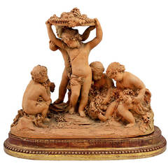 Antique 19th c Terracotta Bacchanalian Signed Sculpture of Putti with Fruit