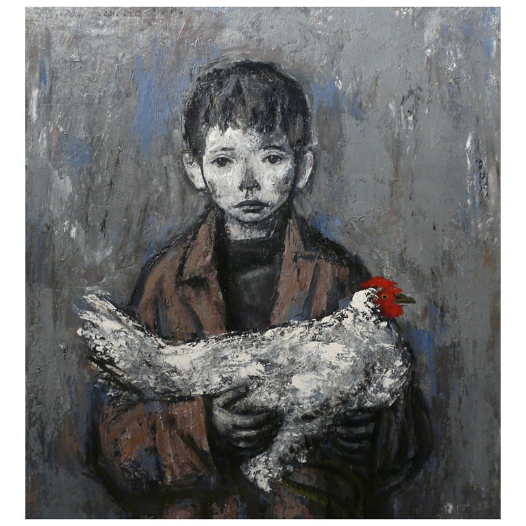 Xavier Bueno Oil Painting Portrait of a Boy with Chicken
