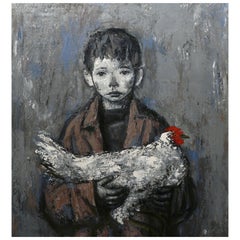 Xavier Bueno Oil Painting Portrait of a Boy with Chicken