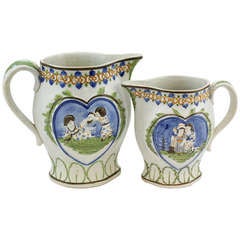 Graduated Pair of English Staffordshire Prattware Jugs