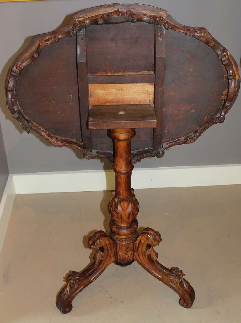 German Black Forest Burled Walnut Carved and Inlaid Tilt Top Table In Excellent Condition In Milford, NH