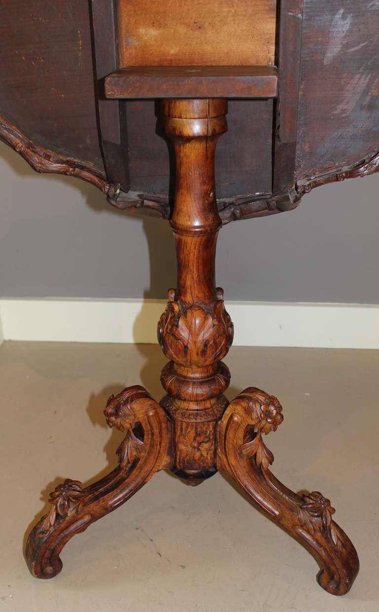 19th Century German Black Forest Burled Walnut Carved and Inlaid Tilt Top Table