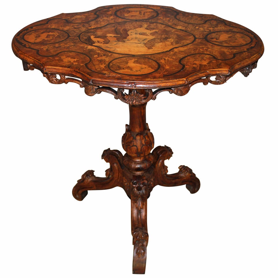 German Black Forest Burled Walnut Carved and Inlaid Tilt Top Table