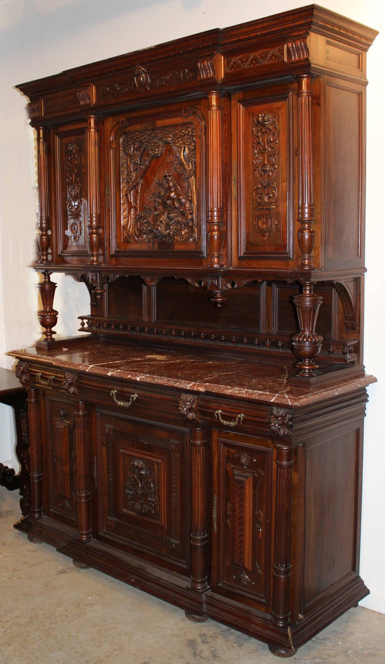 19th c Walnut buffet or server with Carved Hunt Scene and Marble Top