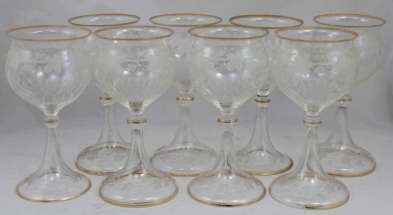 Set of Eight Venetian Stem Glasses with Gilt Banding