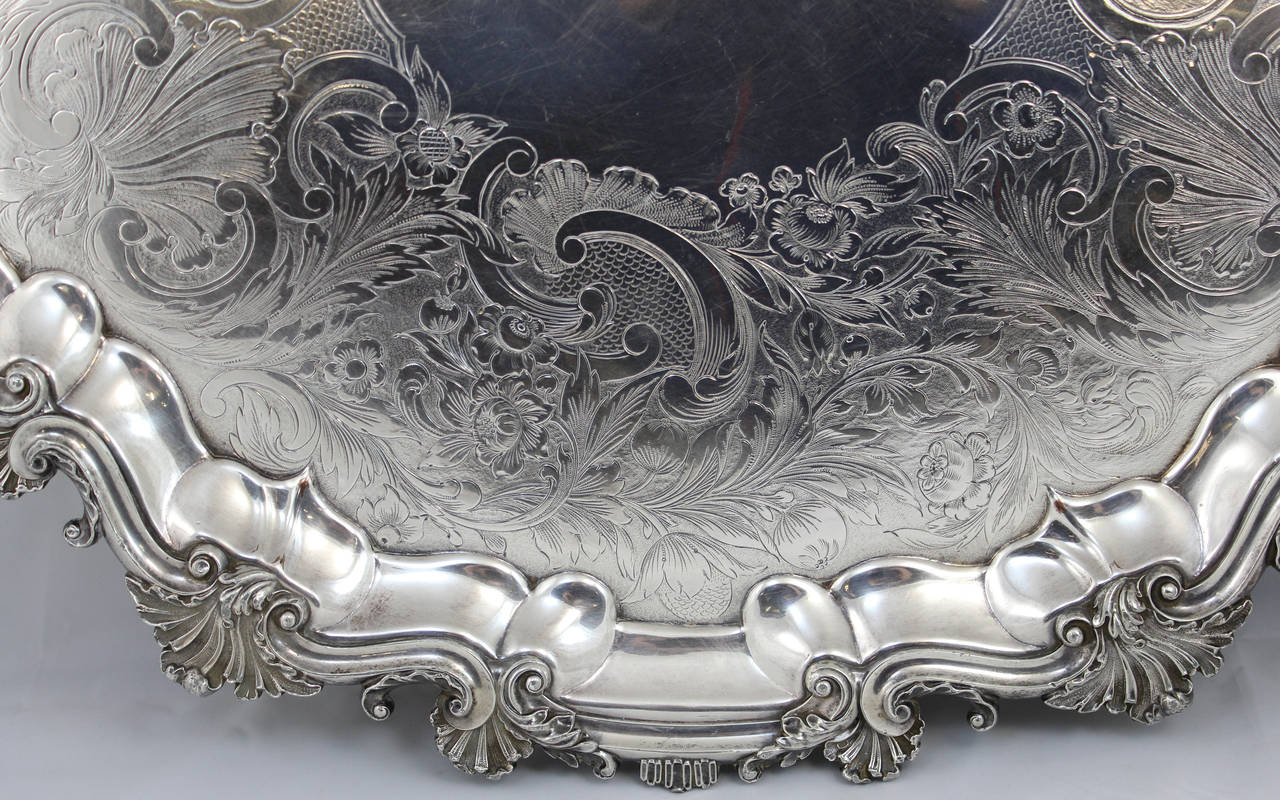 British Large 19th Century English Sheffield Silver Footed Salver Tray with Family Crest