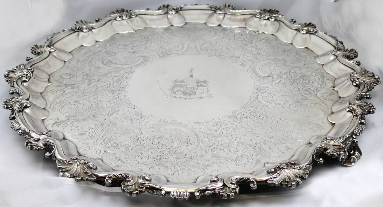 Large 19th Century English Sheffield Silver Footed Salver Tray with Family Crest In Excellent Condition In Milford, NH