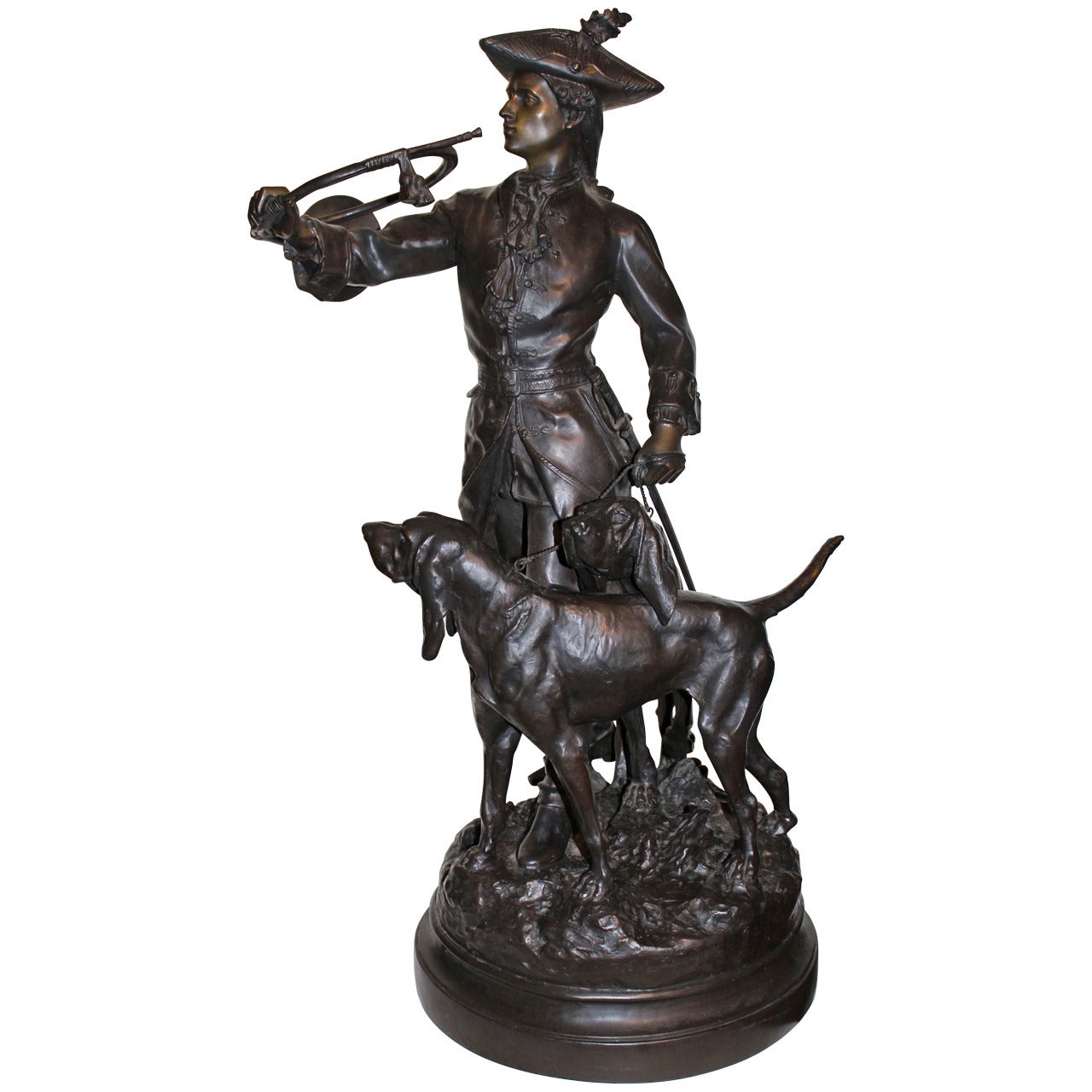 D'après H.F. Moreau & P. Lecourtier:: bronze figuratif d'un chasseur et de chiens de chasse