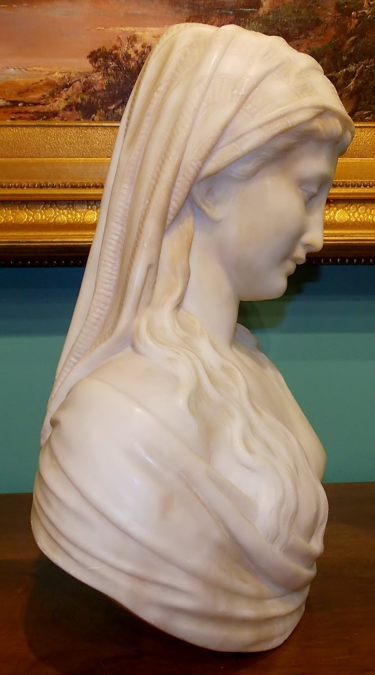 Signed 19th C. Marble Bust of Woman with Veil