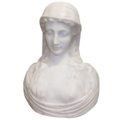 Signed 19th C. Marble Bust of Woman with Veil