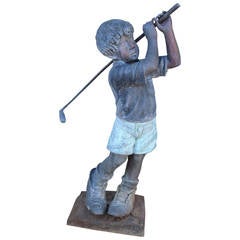 Vintage Patinated Bronze Garden Ornament of a Young Golfer
