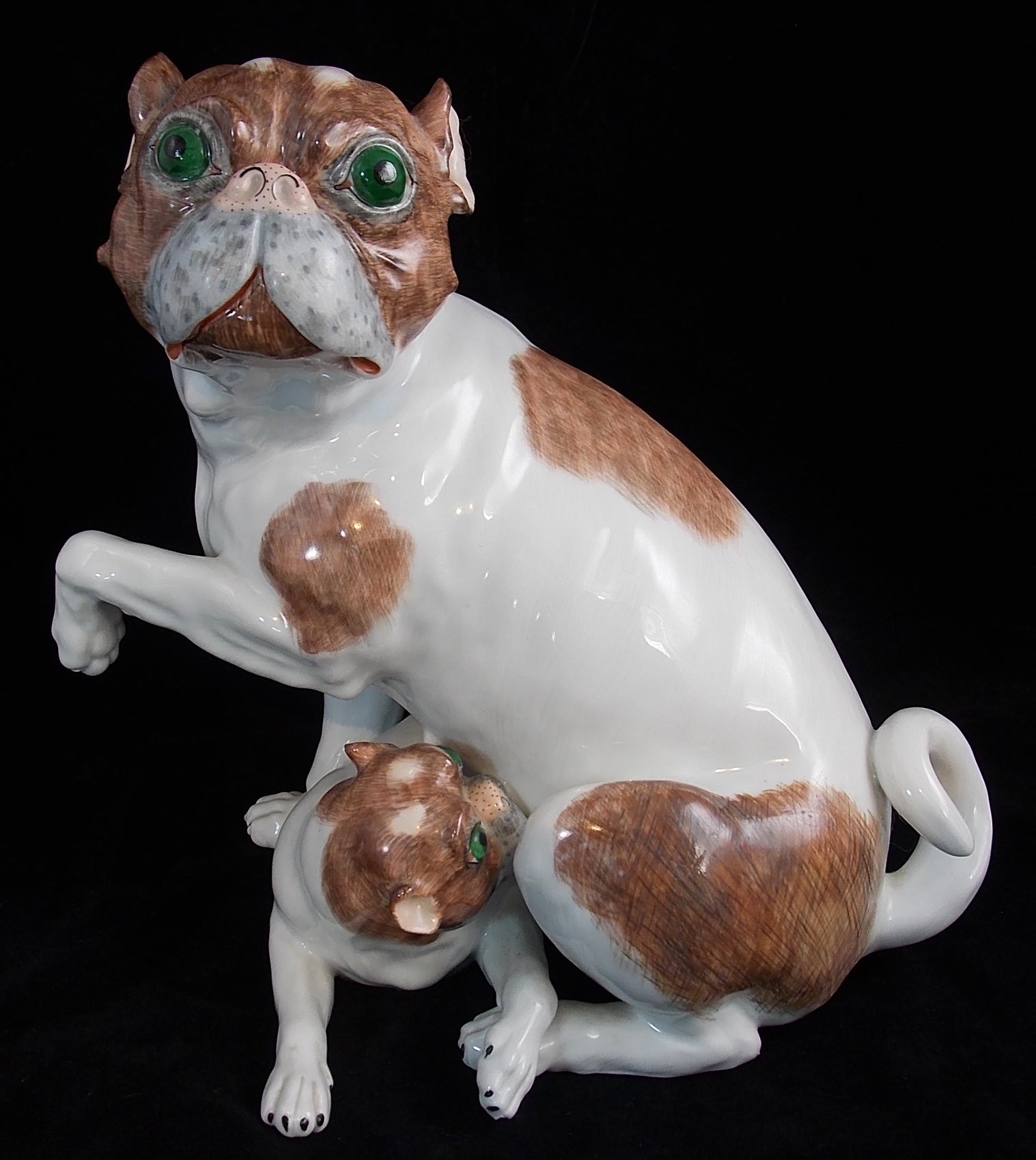 Carl Thieme Dresden Porcelain Mother & Pup Pug Dog Figurine 1901
