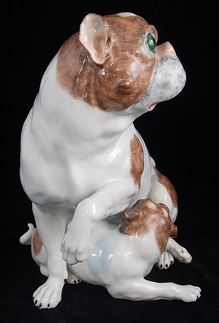German Carl Thieme Dresden Porcelain Mother & Pup Pug Dog Figurine 1901