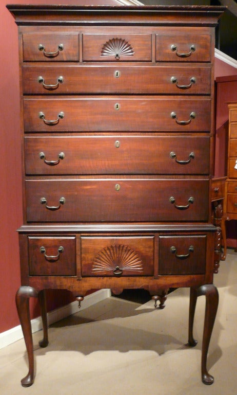 18th c. maple & tiger maple highboy with old brasses.