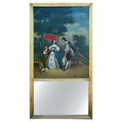 French Trumeau Mirror with Oil Painting of Garden Scene