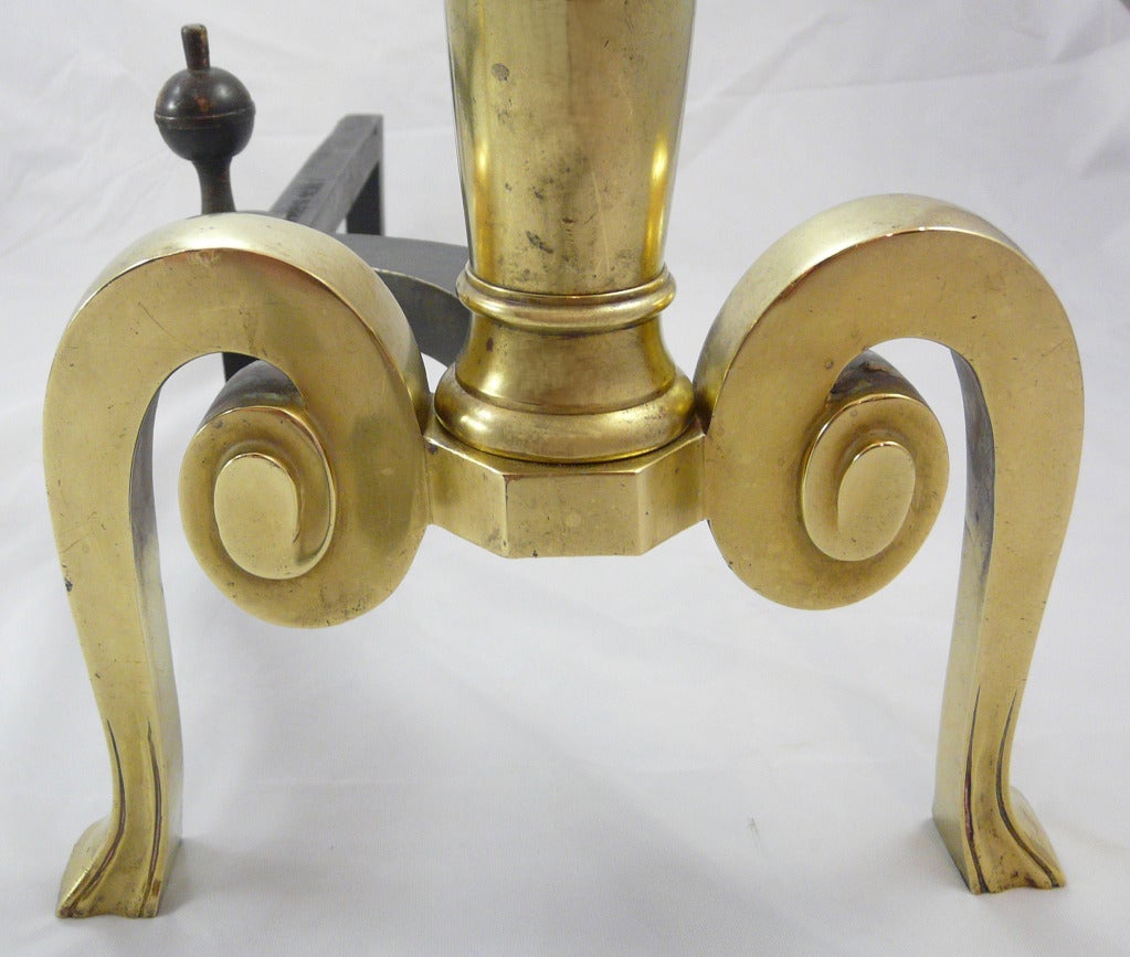 Colonial Revival brass ball-top andirons by William H. Jackson Co., NY.  Patent date Dec. 8, 1908.  Makers name appears on bottom of each dog and patent date is on top of each dog.