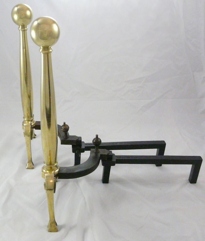American Colonial Revival Brass Ball-Top Andirons by William H. Jackson