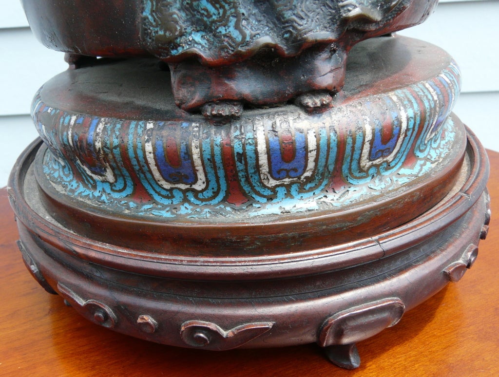 Chinese champleve bronze vase lamp with 3 figures around the body of the lamp. Lamp is 18