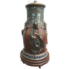 Antique Chinese Champleve Bronze Vase Lamp