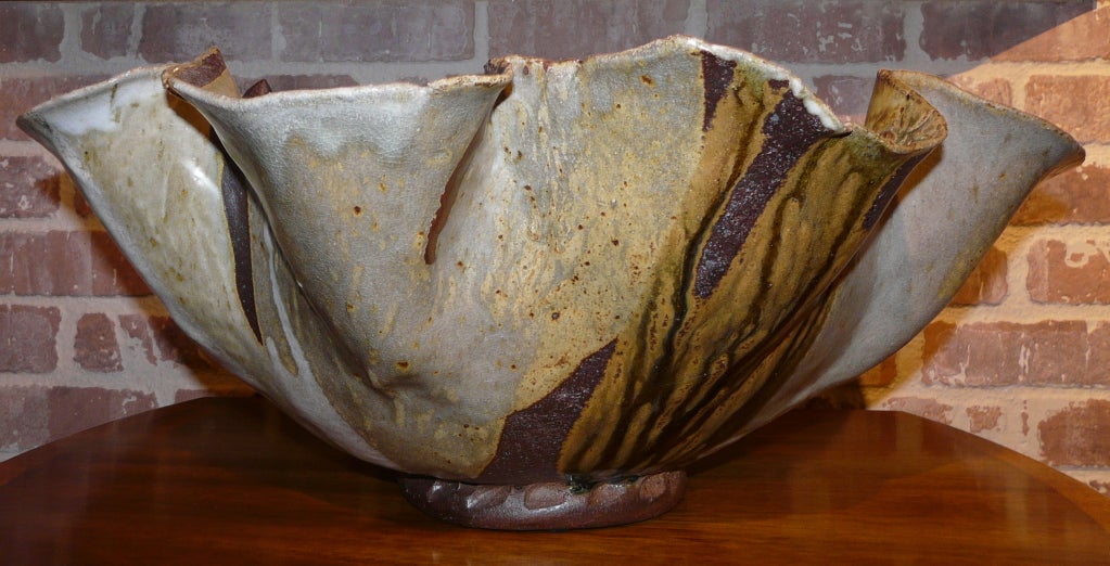 Large pottery bowl sculpture by American ceramicist and sculptor Nancy Dudchenko (b.1943).  Great use of color, form, texture and glaze.  Signed at base.