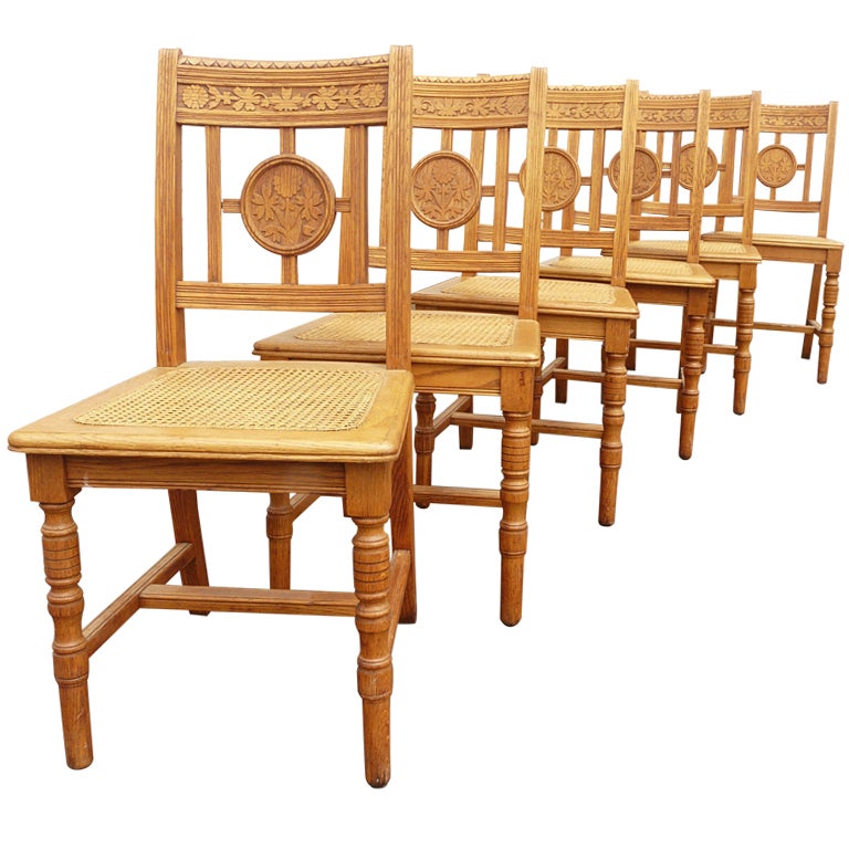 Set of 6 Victorian Eastlake Oak Side Chairs