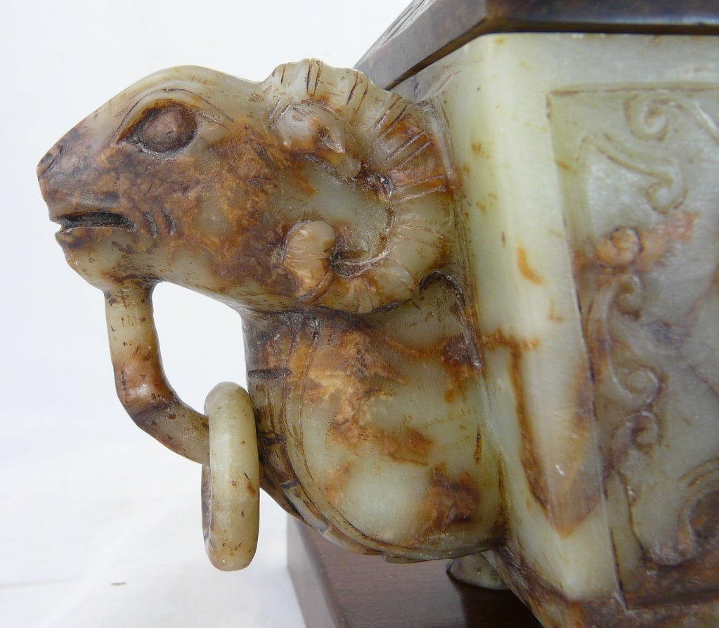 Chinese Covered Jade Incense Burner with Carved Rams' Heads