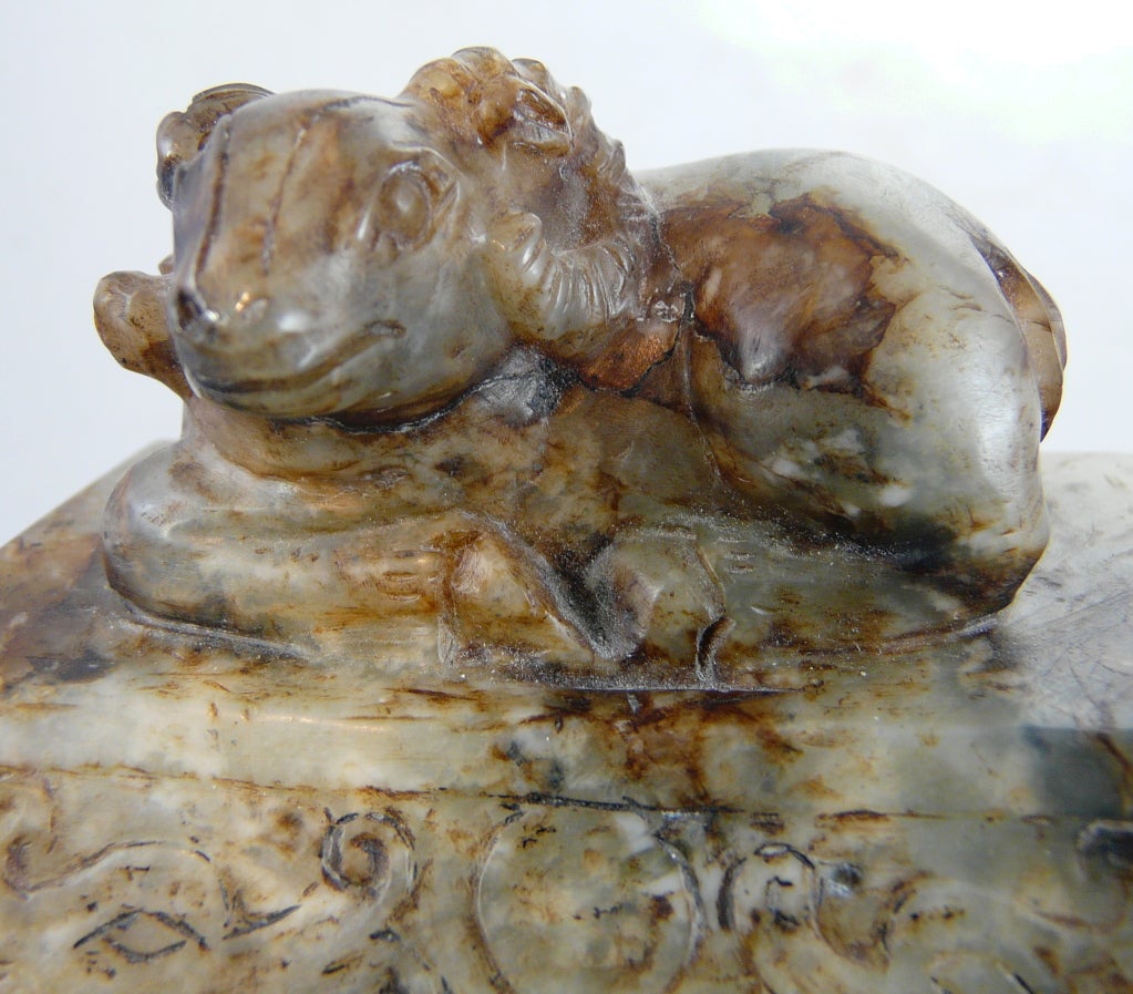 18th Century and Earlier Covered Jade Incense Burner with Carved Rams' Heads