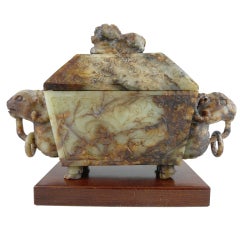 Antique Covered Jade Incense Burner with Carved Rams' Heads