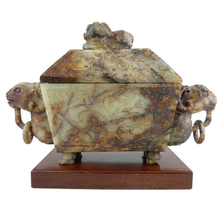 Covered Jade Incense Burner with Carved Rams' Heads
