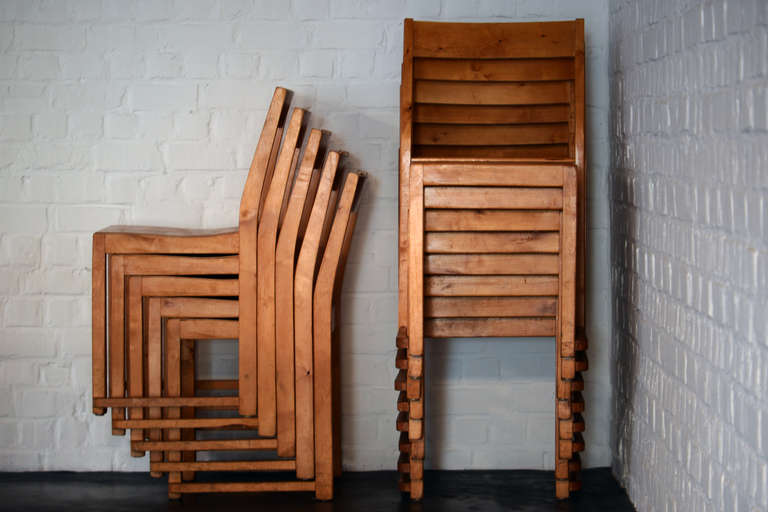 24 birch stacking chairs designed for the theater of Helsingborg SWEDEN around 1930. Stackable by 10 chairs.