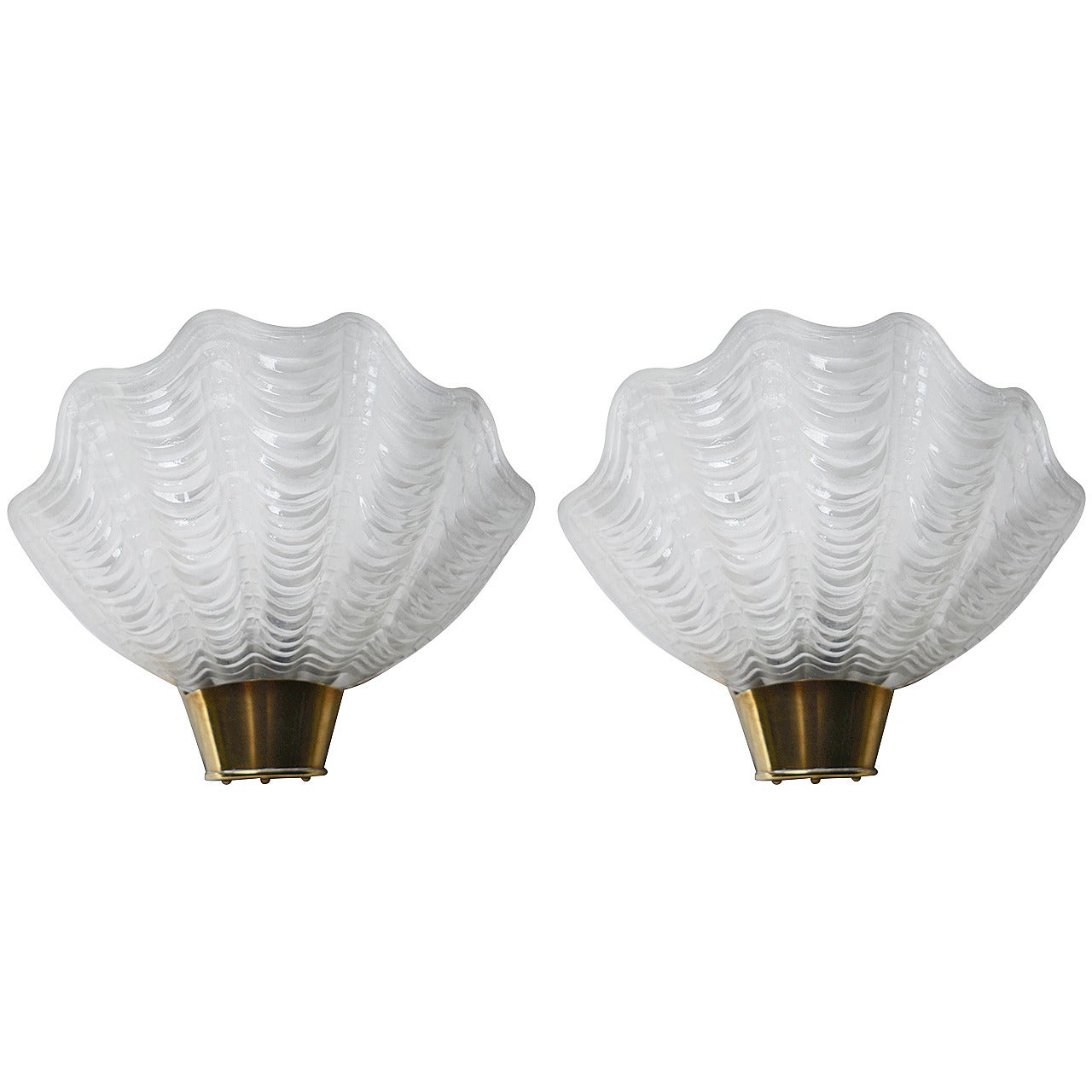 Swedish Glass Shell and Brass Pair of Wall Lamps