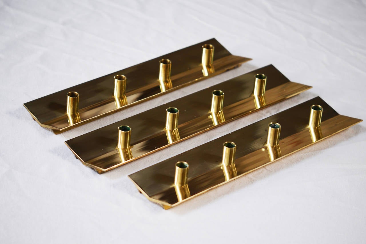 Pierre Forsell Three Rectangular Brass Candlesticks, Skultuna Sweden