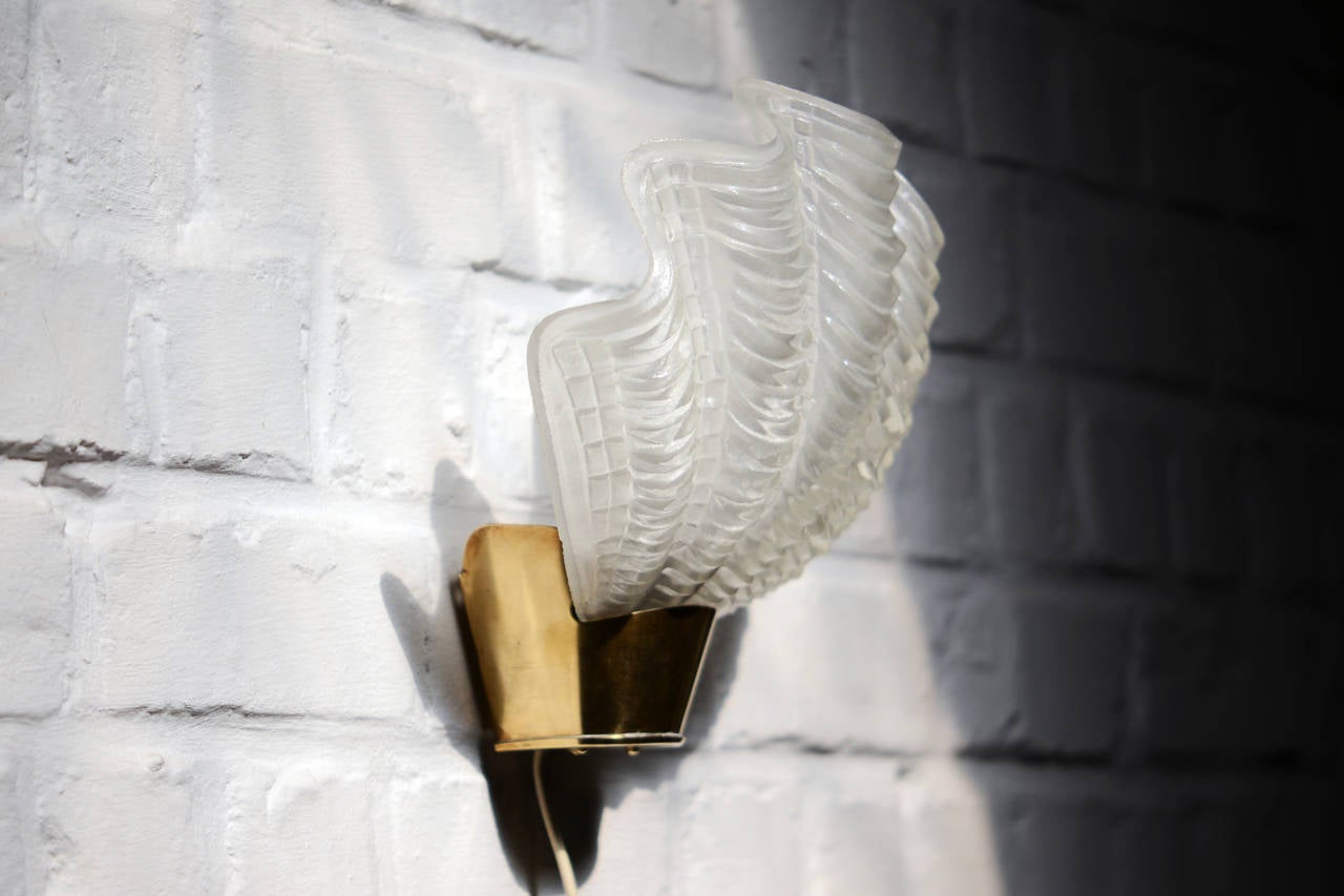 Mid-20th Century Swedish Glass Shell and Brass Pair of Wall Lamps