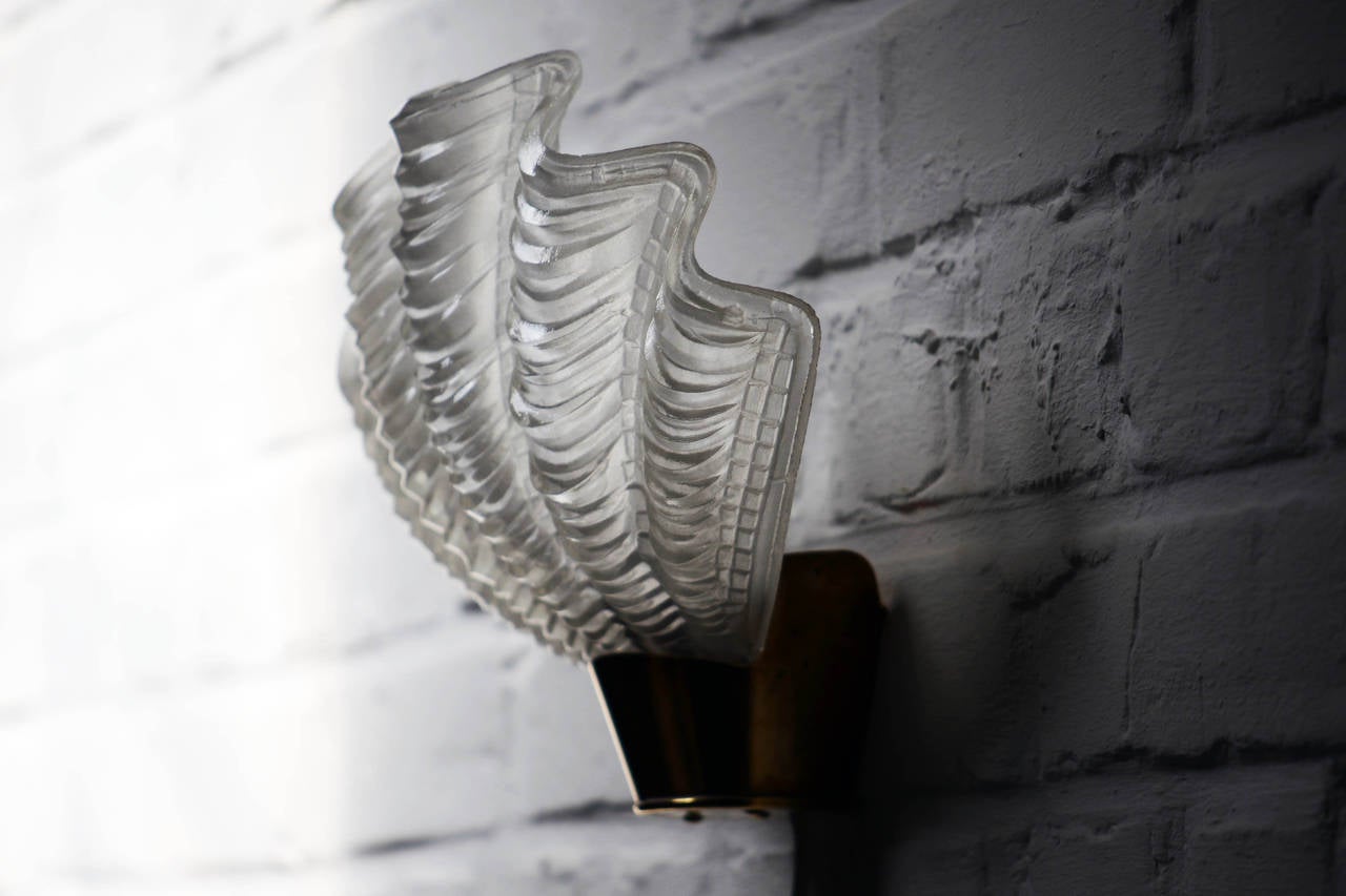 Scandinavian Modern Swedish Glass Shell and Brass Pair of Wall Lamps