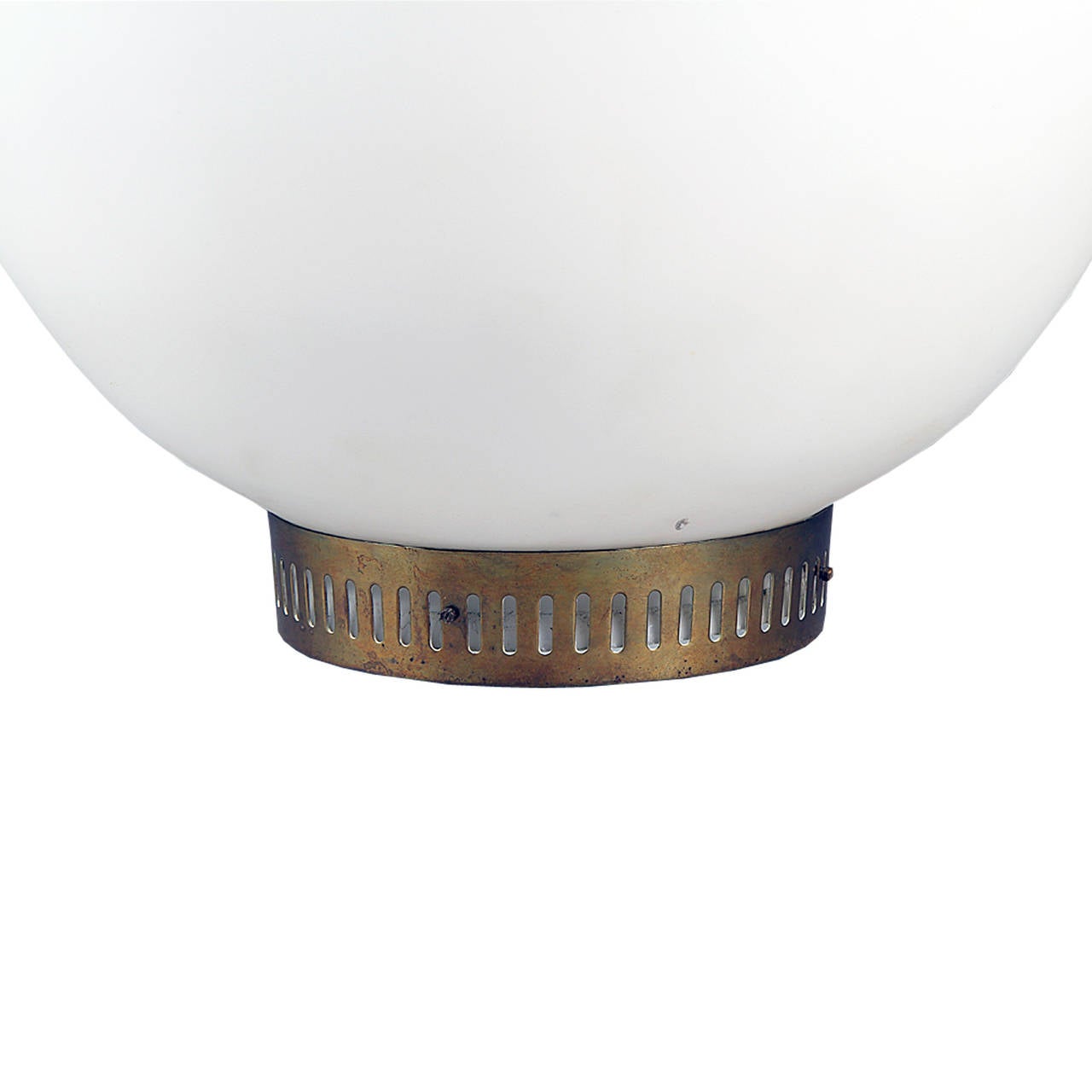 Bent Karlby snowball pendant made of matte opal glass. Produced by Lyfa. Bottom and top made of brass.
