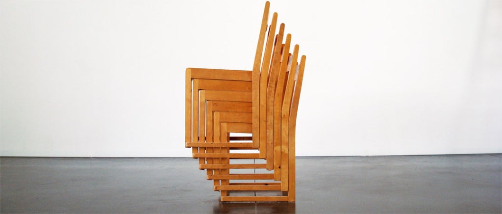 Six stacking chairs designed by the Swedish architect Sven Markelius for the Helsingborg Theater in 1932. Lightweight chairs. Form a sculpture when stacked.